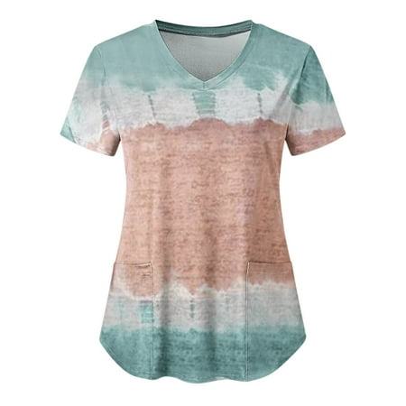 

Tking Fashion Womens Scrubs Short Sleeve V Neck Printed Tops Loose Nursing Working Uniform Shirts with Pocket Cyan 2XL
