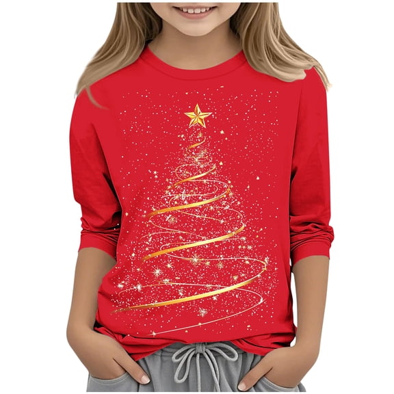 Unisex Kids' Christmas Top for Boys Girls Casual Printed 3/4 Sleeve Crew Neck Base Layer Shirt, Festive Daily Wear 3-12Y