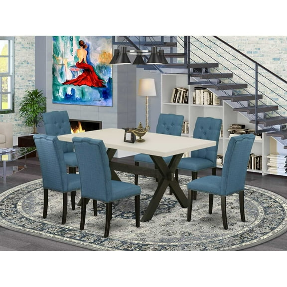 East West Furniture X-Style 7-piece Wood Dining Set in Black/Mineral Blue