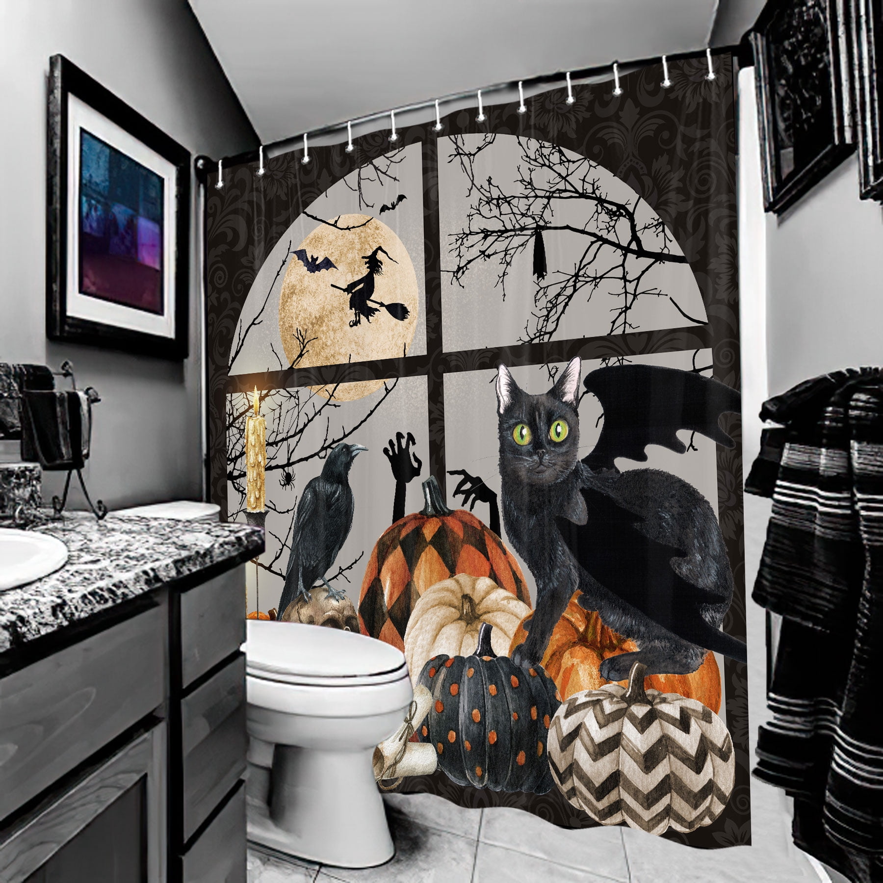 Halloween Shower Curtain, Spooky Pumpkin Black Cat Cool Gothic Skeleton Skull Shower Curtain Set, Horror Scary Bats Raven Witchy Full Moon Fabric Bathroom Decor with Hooks 70X72IN, Black