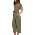 thumbnail image 4 of Seyurigaoka Women Summer V-neck Belted Jumpsuit, Solid Color Front Button Short Sleeve Siamese Trousers Wide Leg Ninth Pants with Pocket, 4 of 7