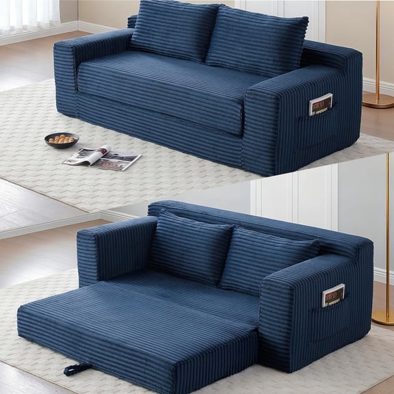 73" Boneless Loveseat Sleeper Sofa,2 in 1 Pull Out Convertible Corduroy Floor Couch with Side Storage Pockets & 2 Throw Pillows,Foldable Guest Couch for Living Room,No Assembly Required,Blue
