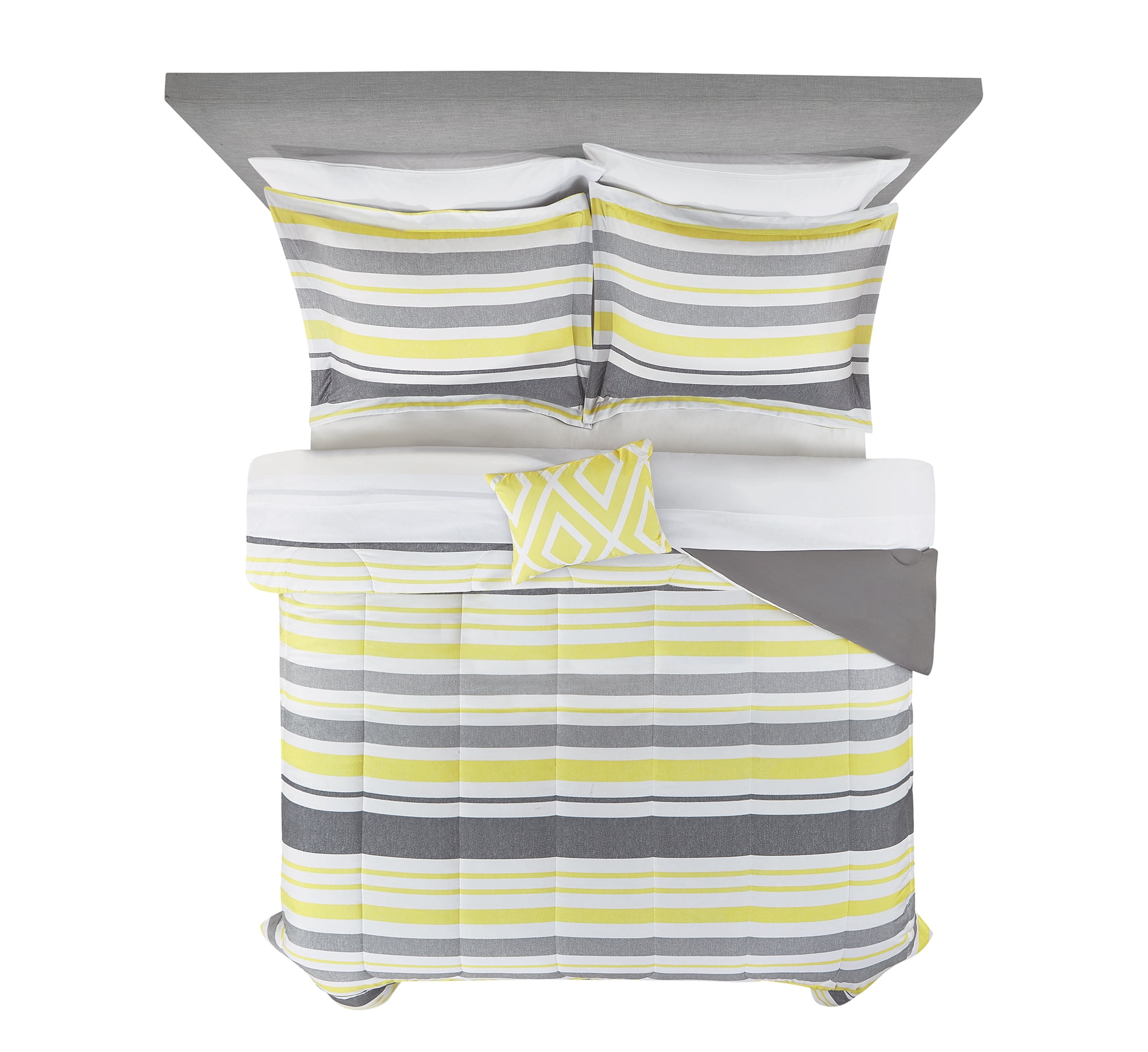 Mainstays Grey and Yellow Stripe 8-Piece Bed-in-a-Bag Comforter Set with Sheets, Queen