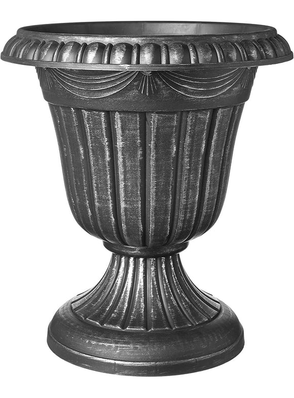 Arcadia Garden Products 10x12" Traditional Plastic Urn Planter, Brushed Silver