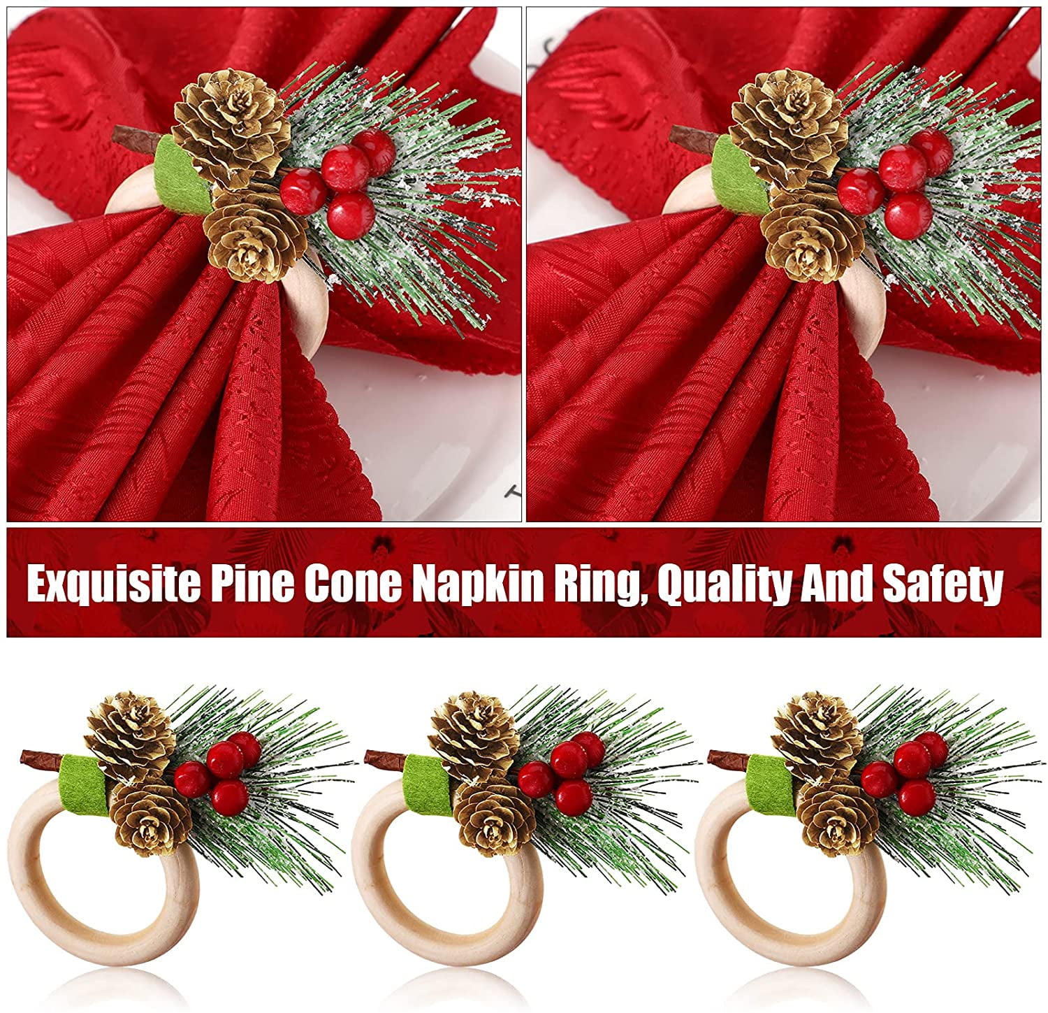 Classic Style 12 Pieces Pine Cones Christmas Napkin Holder Gold Napkin Rings Wood Christmas Napkin Rings Holder Christmas Napkin Ring Decor for Christmas Wedding Birthday Party Supplies
