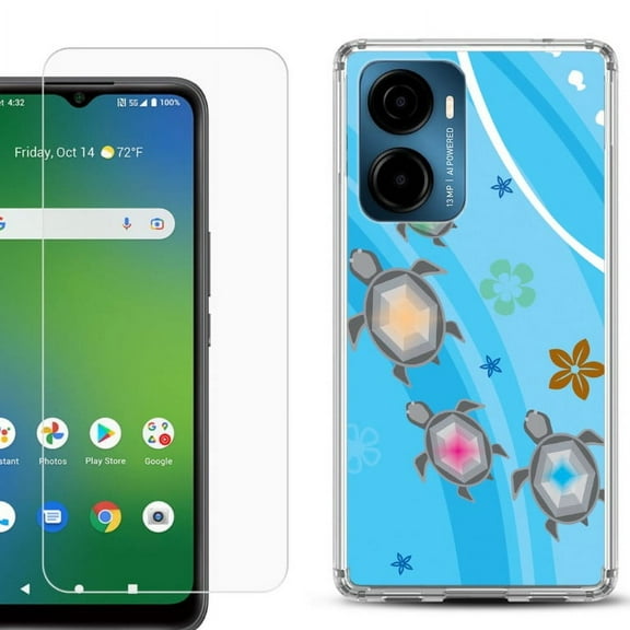 For AT&T Propel 2 5G Phone Case Cover, Shockproof Bumper Hybrid Case with Tempered Glass Screen Protector, by OneToughShield - Happy Turtle