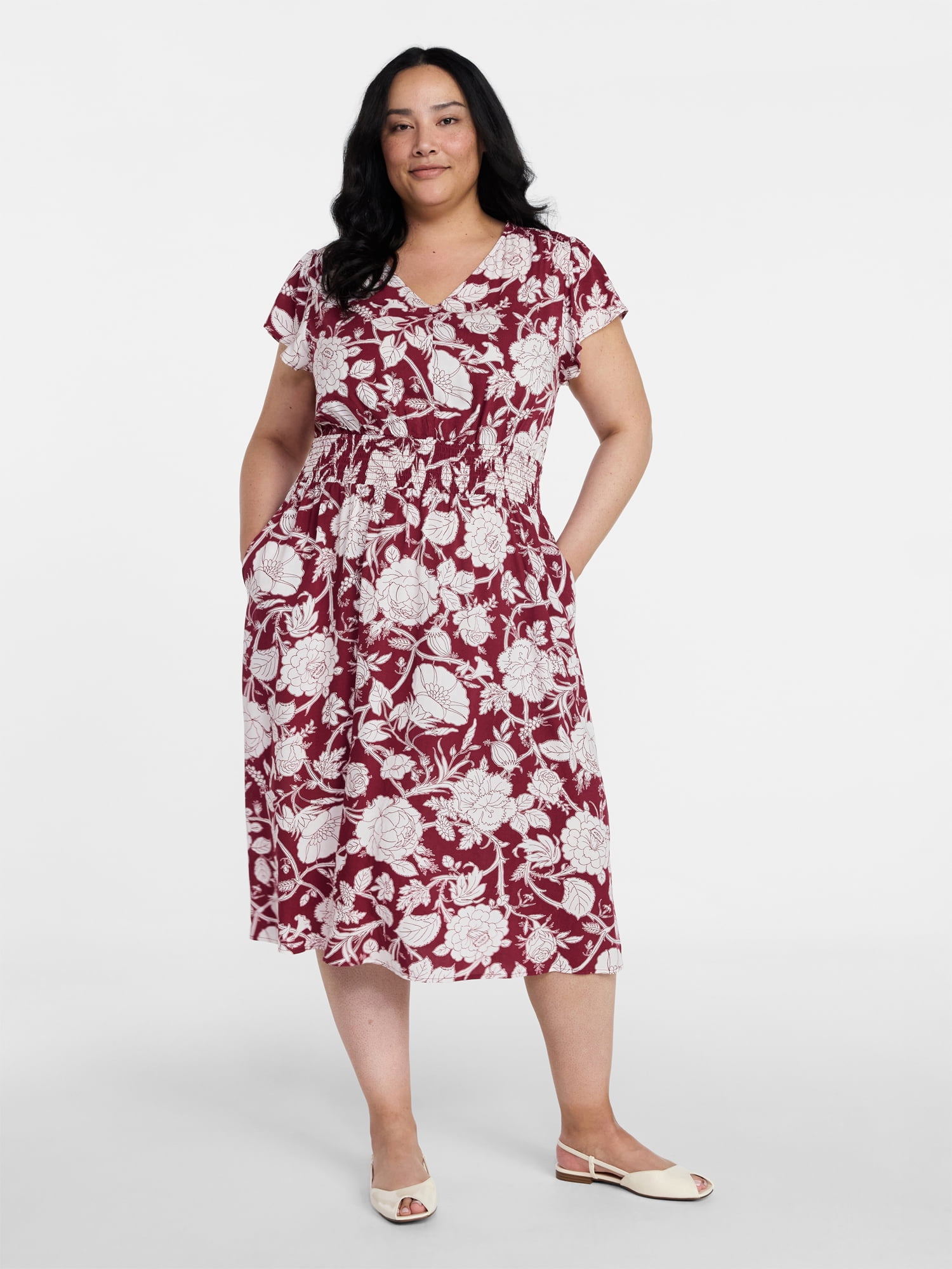 Time and Tru Women's and Women's Plus Smocked Waist Midi Dress with Flutter  Sleeves, Sizes XS-4X - Walmart.com