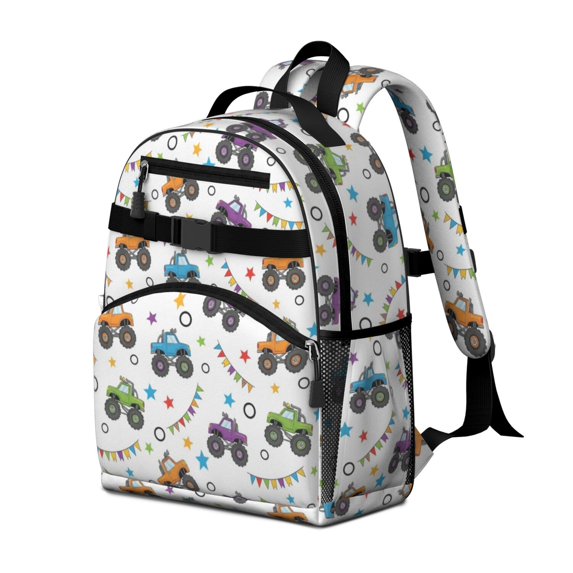 Monster Cartoon Truck White Pattern Cute School Backpack Bag for School with Padded Back and Adjustable Shoulder Straps 15.25"x11.5"x5.25"