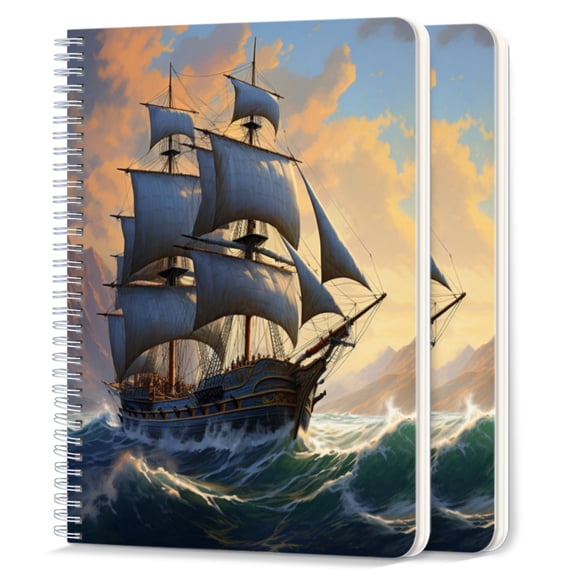 Spiral Notebook,College Ruled Journal,8.26" x 5.71" 50 Sheets/100 Pages,2 Pack - Classic Sailing Ship With Billowing Sails on The Open Sea