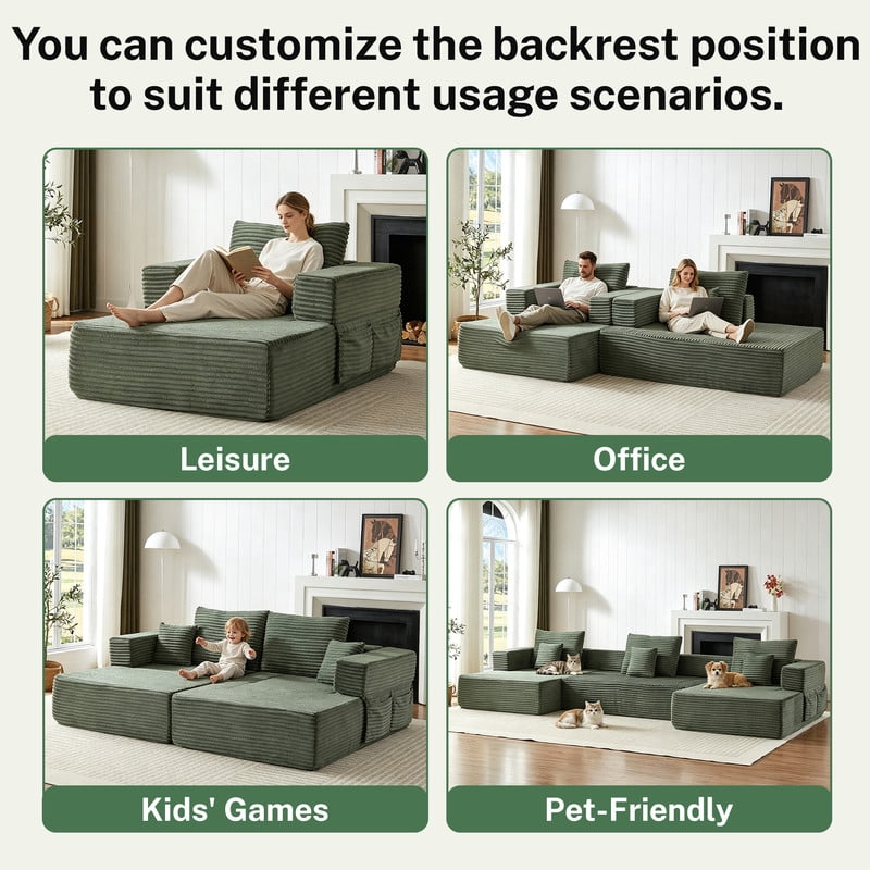 Single-Seater Upholstered Lazy Sofa, Floor Lounge Chair with Back Cushion & Throw Pillow, Oversized Chaise Lounge with Pockets