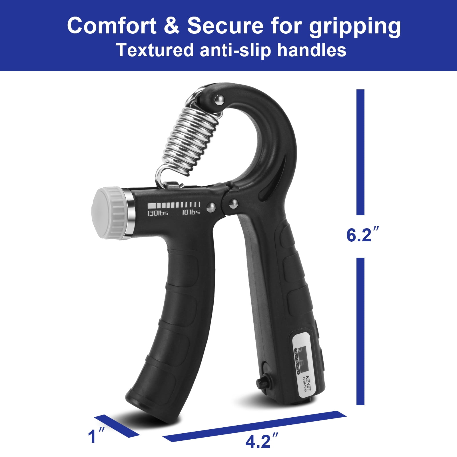 XPRT Fitness Adjustable and Counting Hand Grip Strengthener, To Develop Strength in Fingers, Hand, Wrist & Forearm, track your strength workout progress, 10-130LB resistance, SINGLE