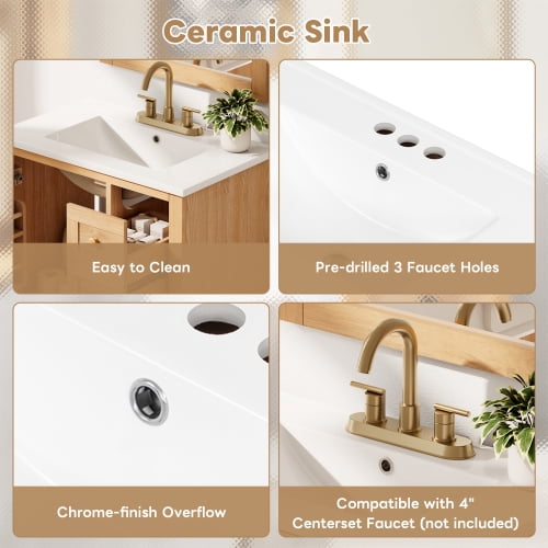 30 Inch Bathroom Vanity with Ceramic Sink, White Freestanding Vanity Cabinet with Soft-Close Door, 3 Drawers and Shelf for Bathroom, Wood