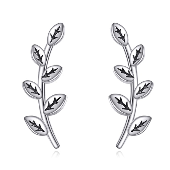 925 sterling silver oxidized leaf long ear studs as a jewelry gift for her