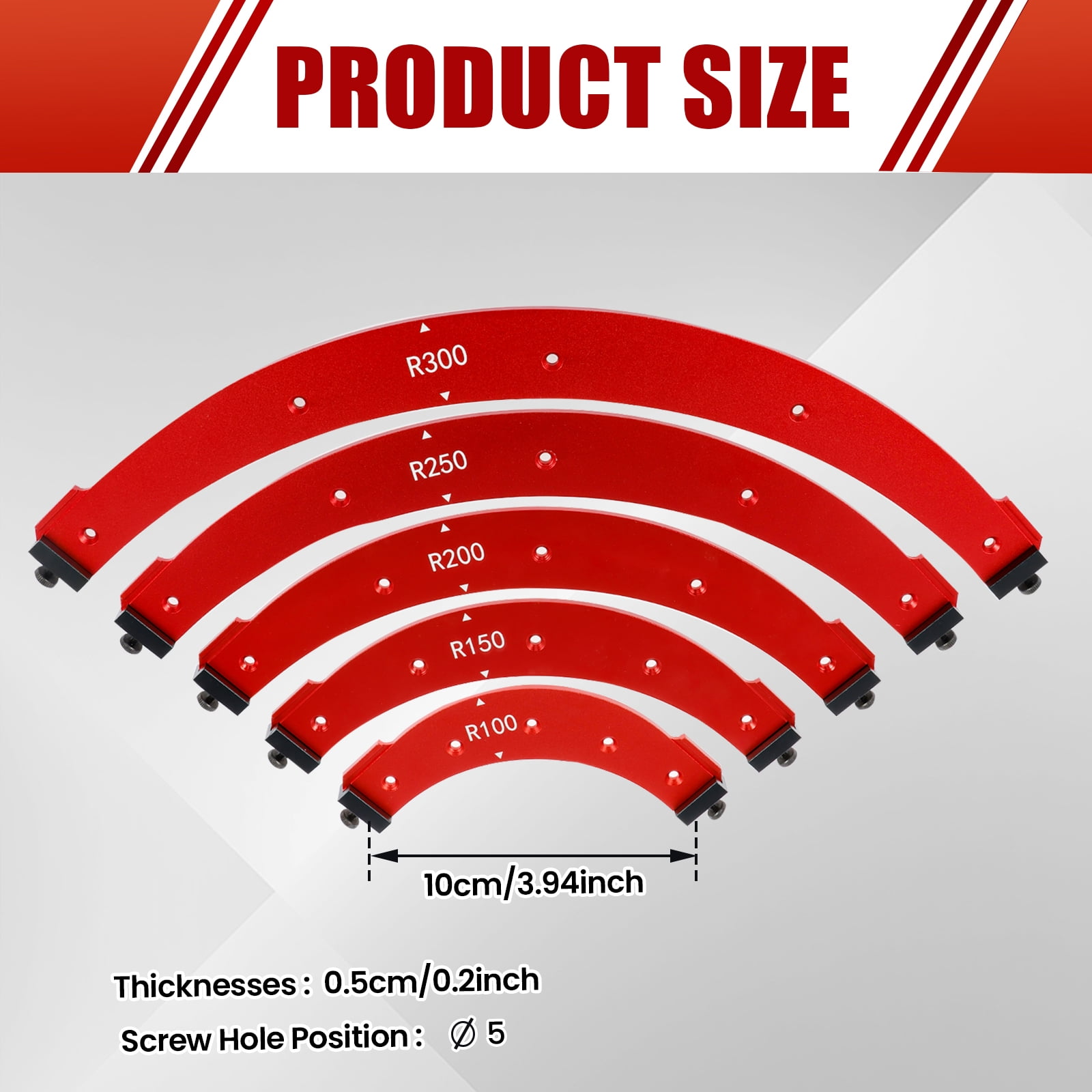 TMWEFUSC 5Pcs Round Corner Radius Template Aluminum Alloy Radius Jig Router Template Arc Angle Positioning Auxiliary Tool Portable Corner Radius Positioning Jig R100/R150/R200/R250/R300