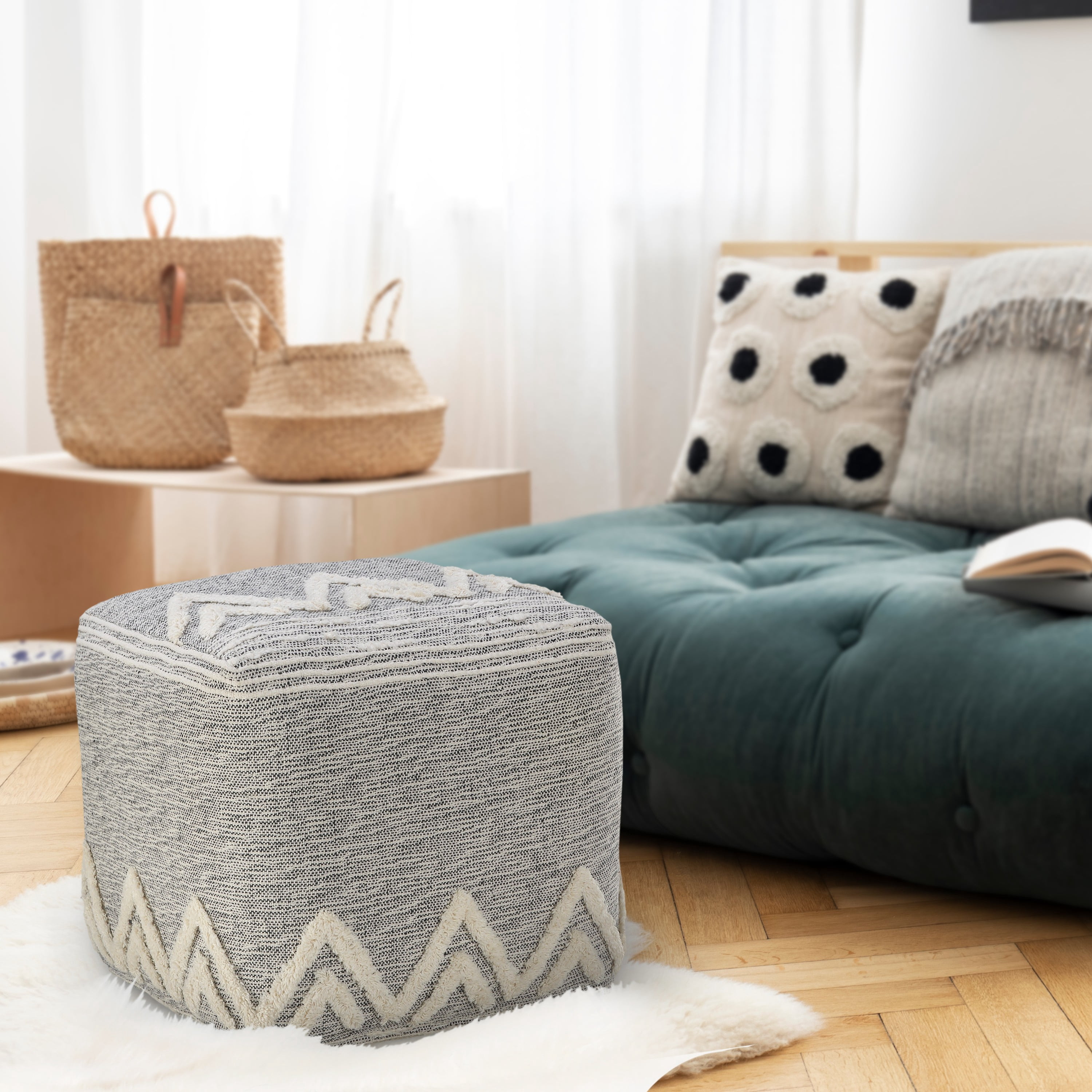 LR Home Miriam Square Gray/Ivory Shag Mountains Indoor Medium Pouf Ottoman, 16" H x 16" W