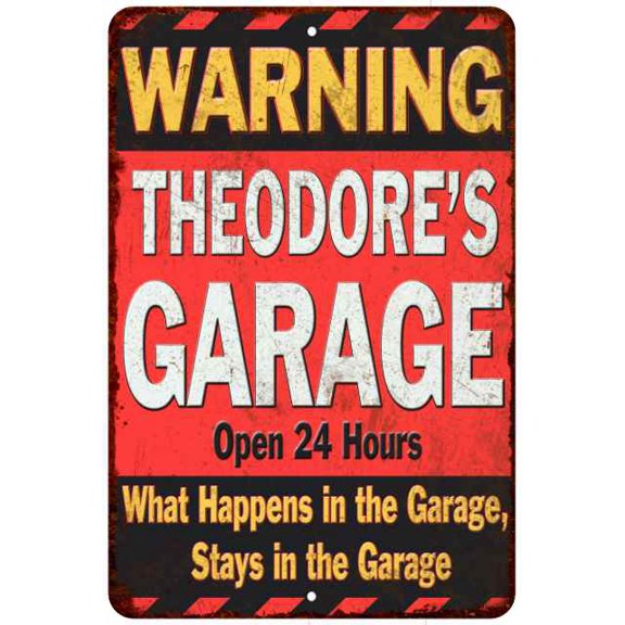 THEODORE'S Garage Warning Man Cave Wall Decor 8x12 Metal Sign 108120030151