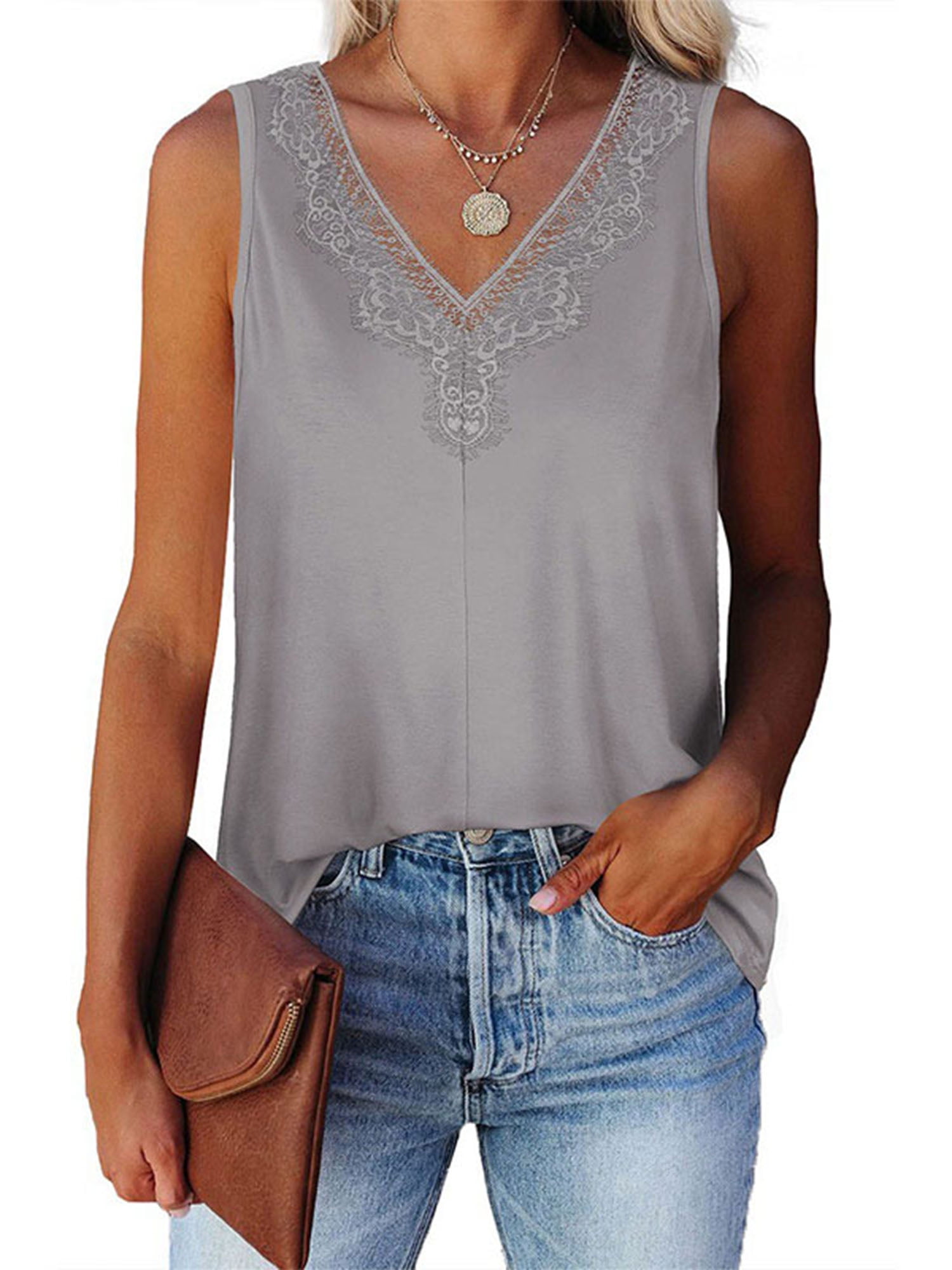 Sexy Dance Loose Fitted V Neck Lace Tank Tops for Women Summer Casual