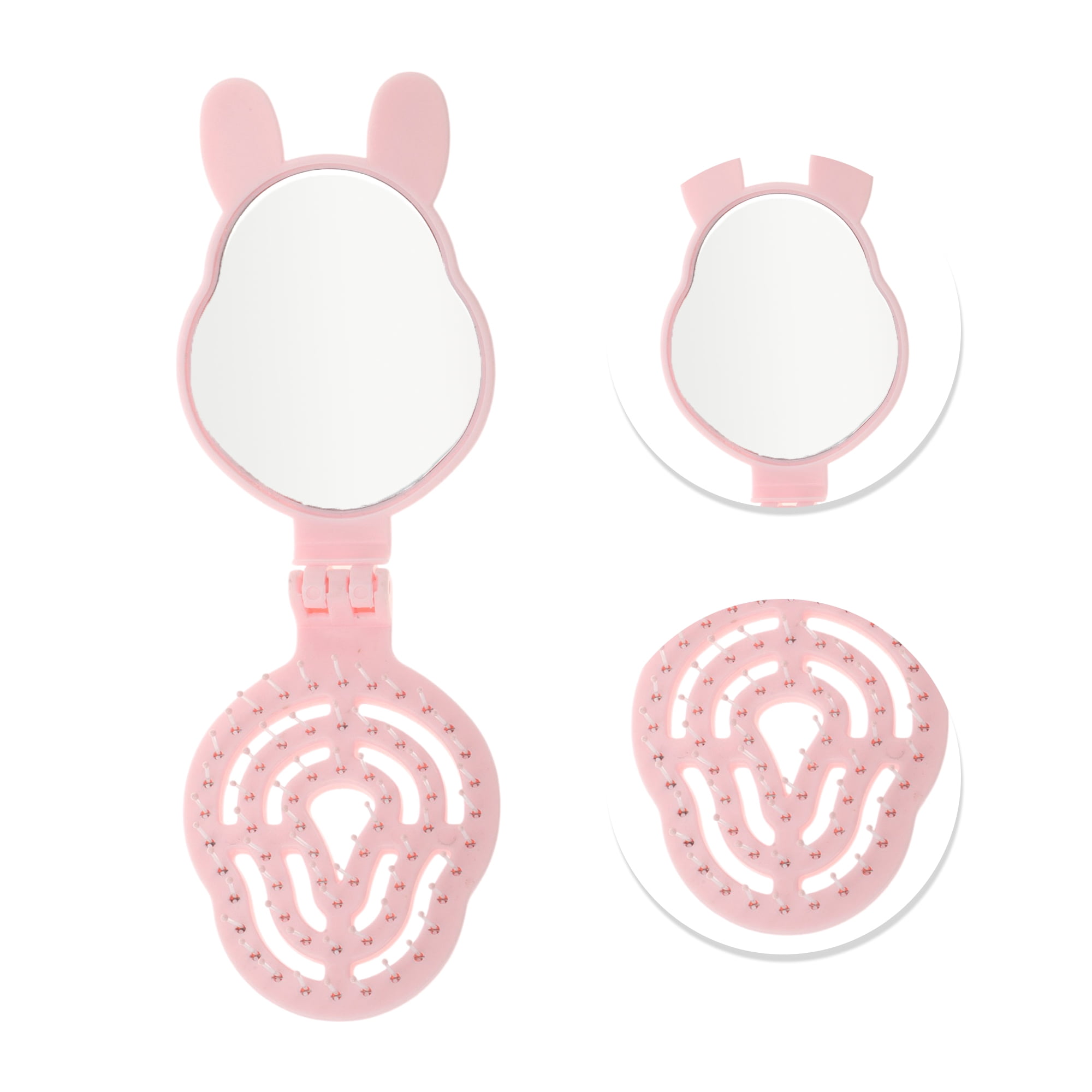 Unique Bargains 1 Pc Rabbit Shape Foldable Mirror Comb for Hair Styling Pink