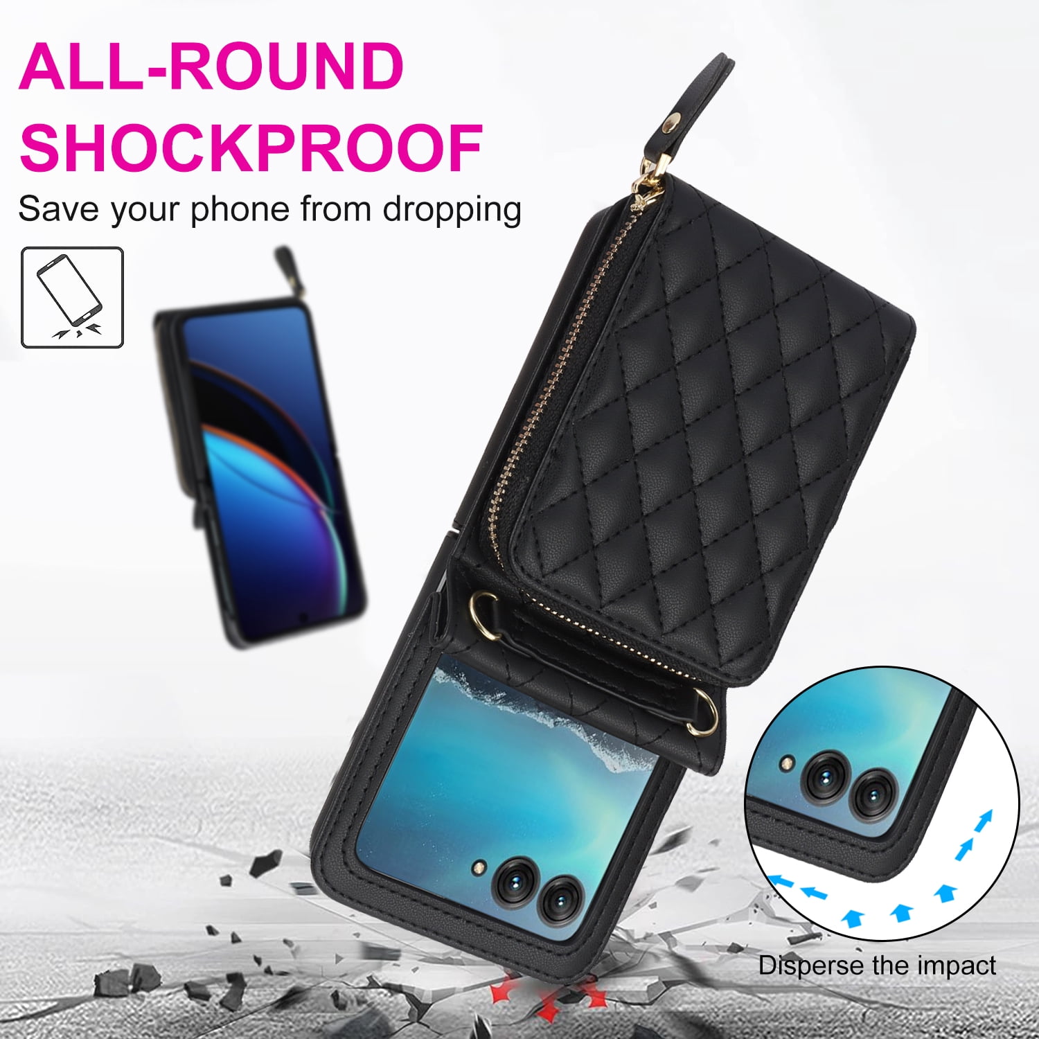 Allytechgroup for Motorola Razr 2025/2024 Wallet Case with Hand Wrist Shoulder Strap, PU Leather Cards Slots Zipper Pocket Shockproof Protective Phone Case Cover for Motorola Razr 50/60, Black