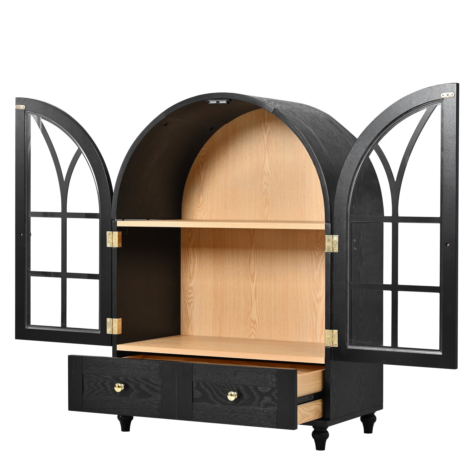 Leumius Arched Display Cabinet with Tempered Glass Doors,Wood Storage Cabinet with Natural Wood Grain Finish, Solid Wood Legs Accent Cabinet with Drawers for Living Room Dining Room Office Black