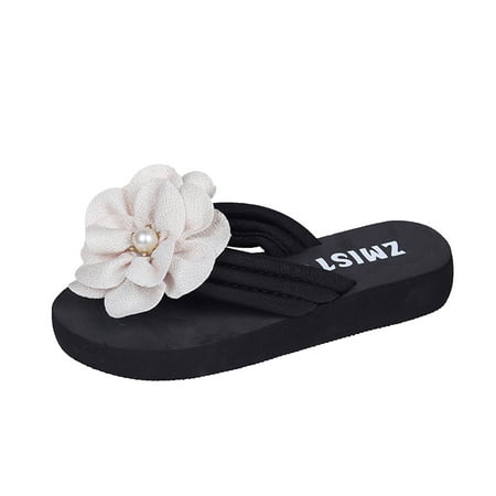 

Ladies Fashion Summer Solid Color Suede Flower Pearl Decorative Open Toe Thick Soled Flip Flop Slipper Shoes Women Indoor Outdoor Soft Indoor Slippers for Women