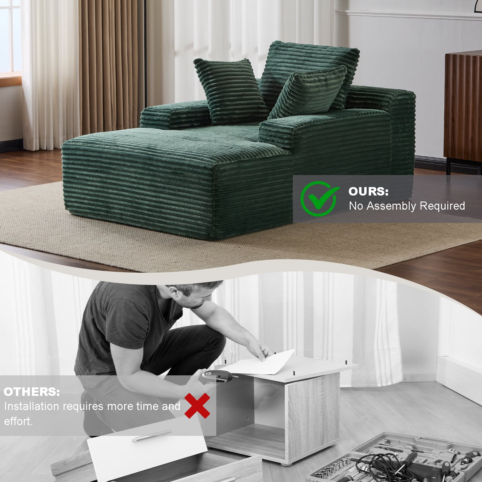Miniyam Oversized 51" Chaise Lounge Chair, Upholstered Corduroy Sleeper Chair for Living Room, No Assembly, Green