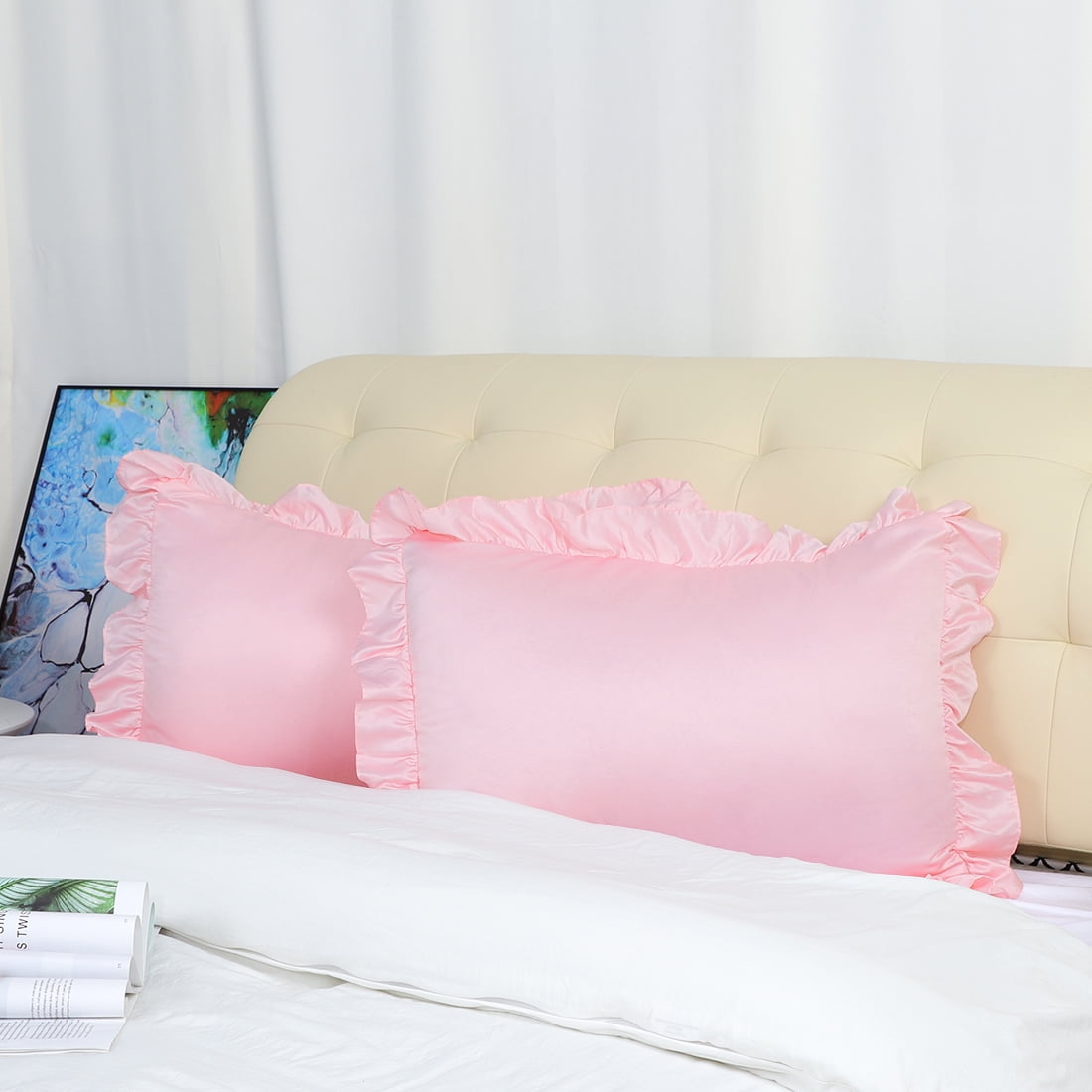 Unique Bargains 4-Piece Satin Ruffled Edge Pillow Shams, Standard, Pink
