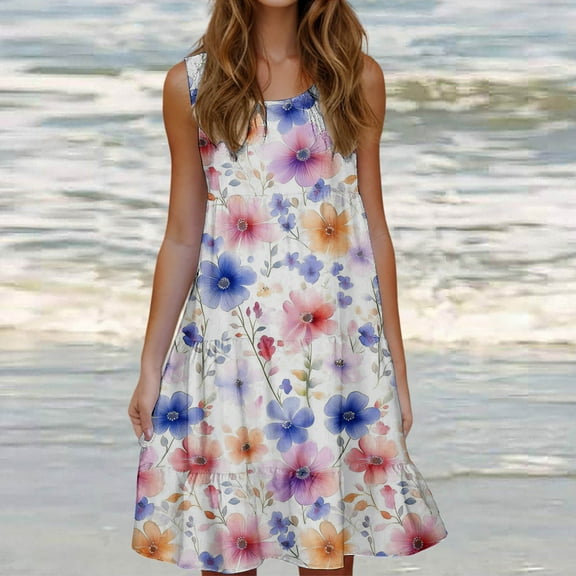 Viikei Women's Boho Tiered Short Sleeve Dress,Women's Fashion Holiday Summer Solid Color Sleeveless Party Beach Dress Light Blue S