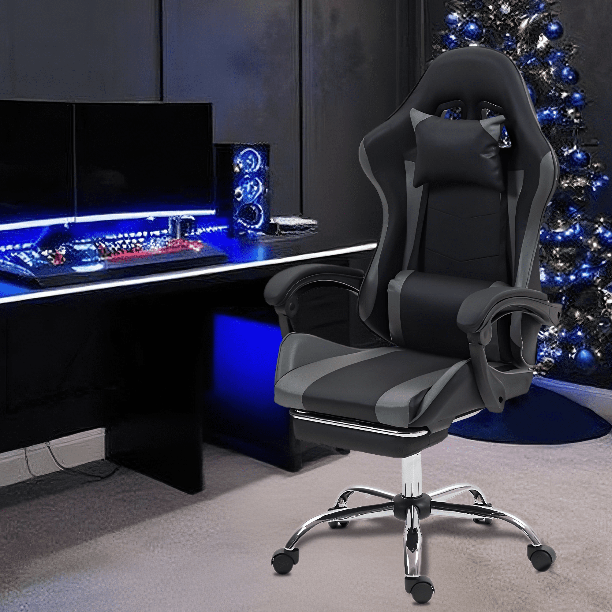 WENTUM Gaming Chair with Massage Lumbar Support Ergonomic Video Game Chair for Adults, Adjustable Headrest & Footrest, 90-135° Recline, 360° Swivel, Grey
