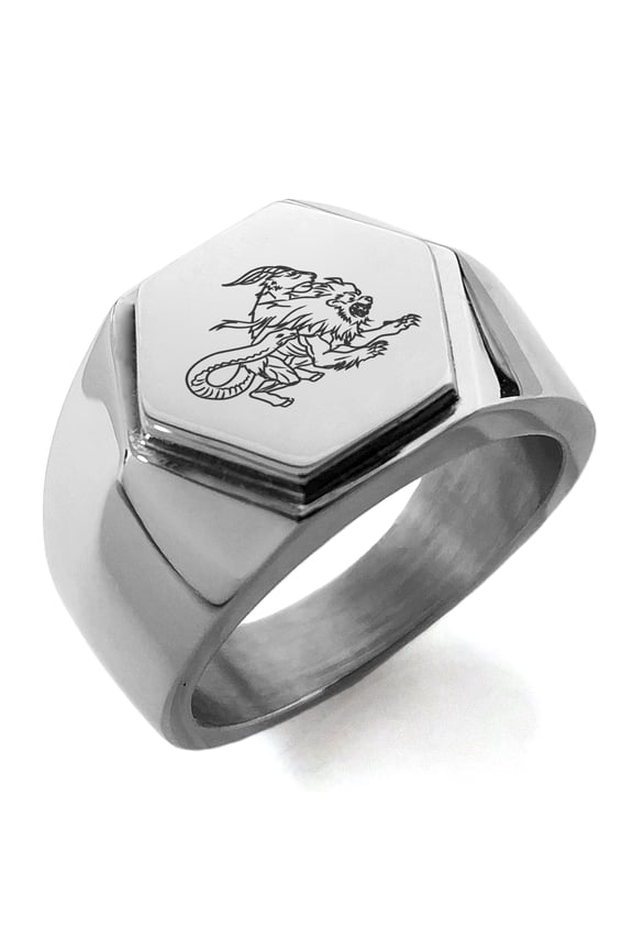 Stainless Steel Greek Mythology Chimera Engraved Hexagon Crest Flat Top Biker Style Polished Ring