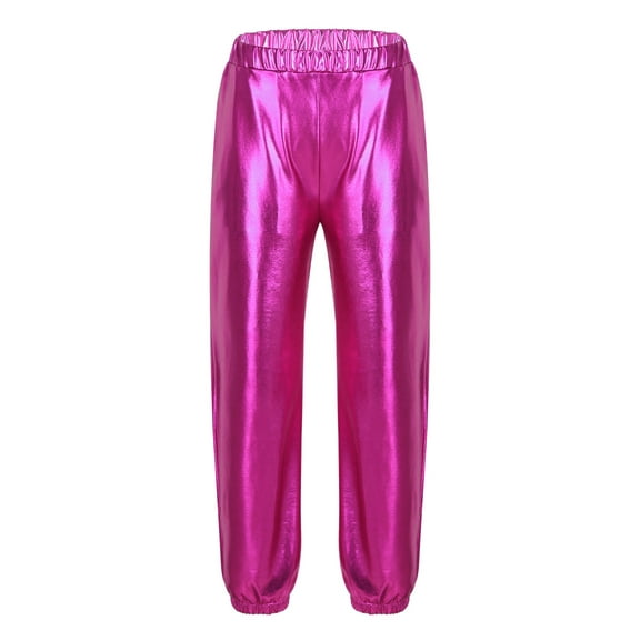 inlzdz Girl's Metallic Elastic Waist Jogger Pants Shiny Jazz Street Hip Hip Dance Trousers Streetwear Rose 8