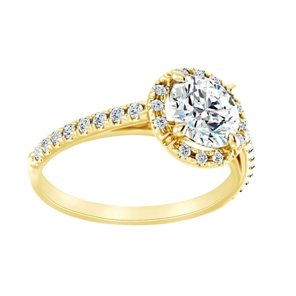AFFY Simulated White Moissanite & Natural Diamond Halo Engagement Ring In 14K Yellow Gold, Size-13.5