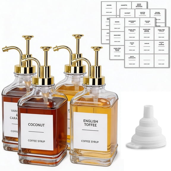 Glass Coffee Syrup Dispenser, 16.9oz Glass Syrup Bottles Set of 4, Coffee Bar Accessories with Labels and Funnel&Pump for Kitchen Coffee Bar Accessories, Gold