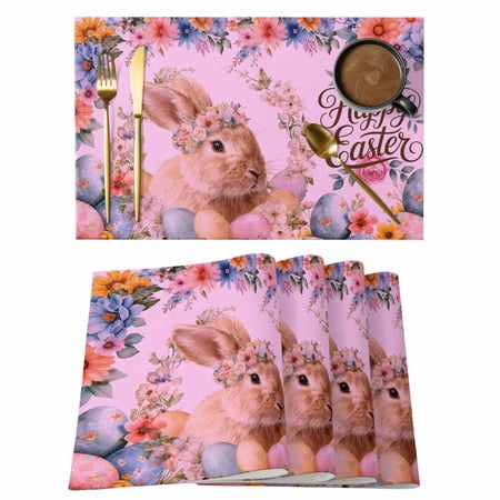 Happy Easter Placemats Set of 1 Spring Rabbit Colored Eggs Floral Pink Non-Slip Place Mats Washable Table Mats for Kitchen Dining Table Decorations Indoor/Outdoor