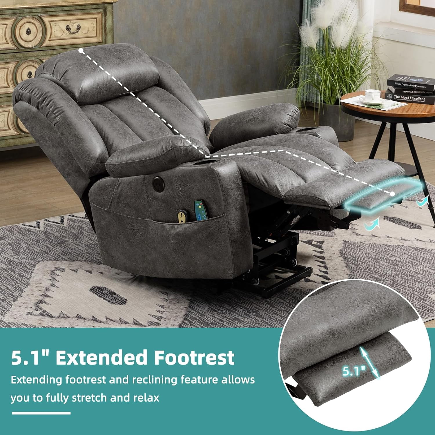 MEETWARM Large Power Lift Electric Recliner Chair with Extended Footrest for Big Tall Man, Overstuffed Wide Recliner with Massage and Heat, 2 Remote Controls/USB Ports/4 Side Pockets(Grey)