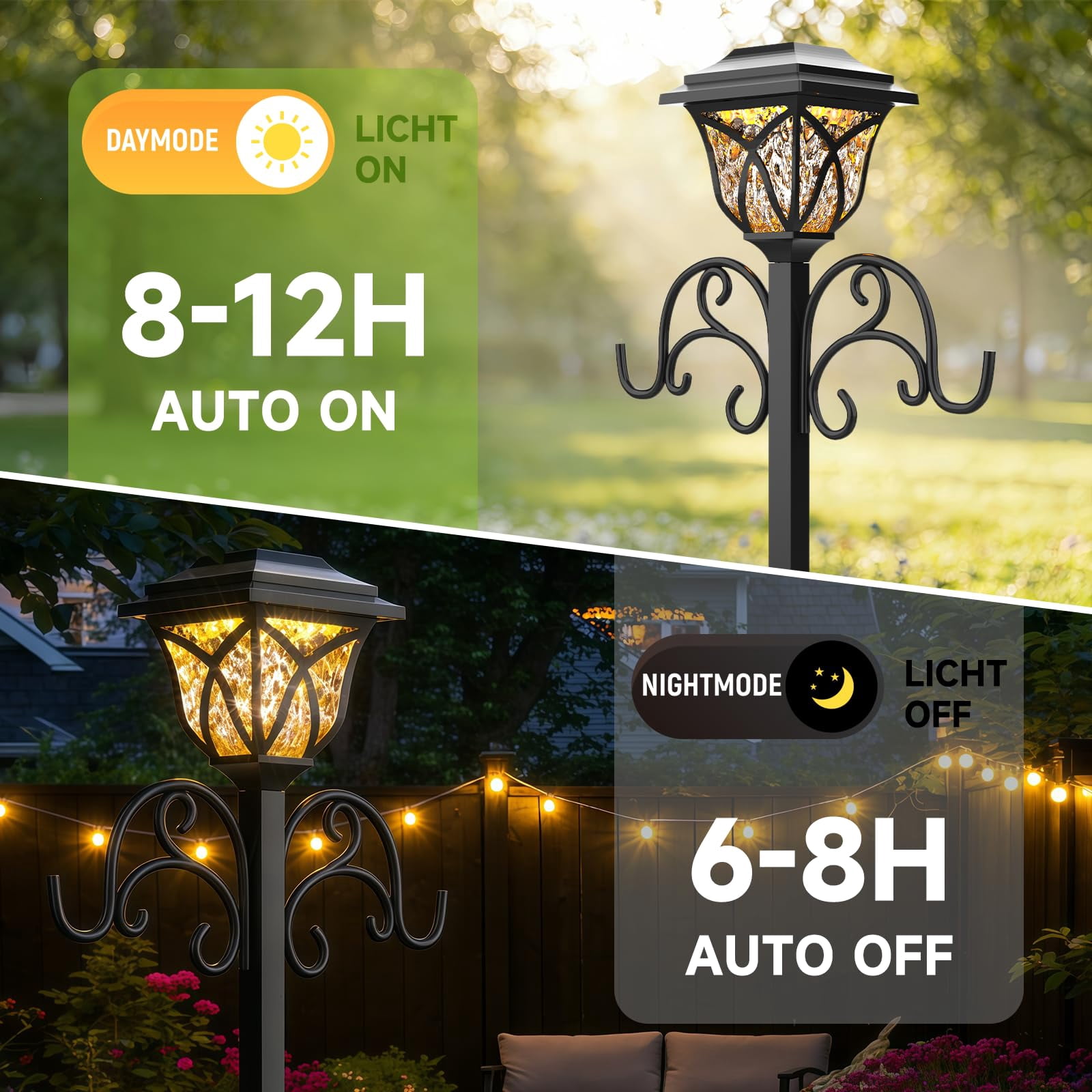 Yacona Garden Hose Holder with Light, Water Hose Holders for Outside with Shepherds Hooks, Freestanding Water Pipe Stand, Black