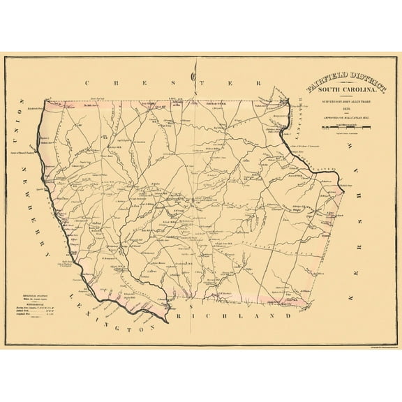 Historic County Map - Fairfield County South Carolina - Mills 1825 - Vintage Wall Art