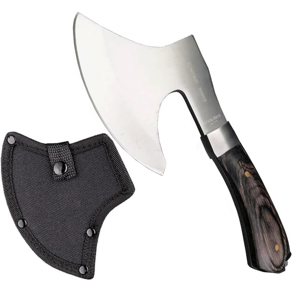 8.5" Camping Hatchet Axe with Nylon Sheath,Small Tomahawk Viking Forged High Carbon Steel for Full Tang Wooden Grip,Portable Outdoor Splitting Wood,Hunting Survival
