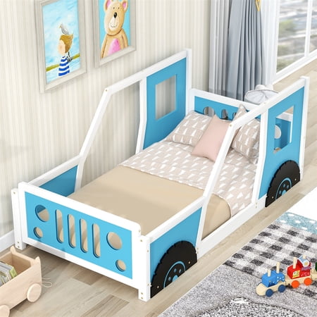 Modern Floor Bed Twin Size Car-Shaped Platform Bed with Wheels  Bed Frame with Fence and Door  Solid Wood Twin Bed for Kids Boys Girls  Slats Included  No Box Spring Needed  Blue