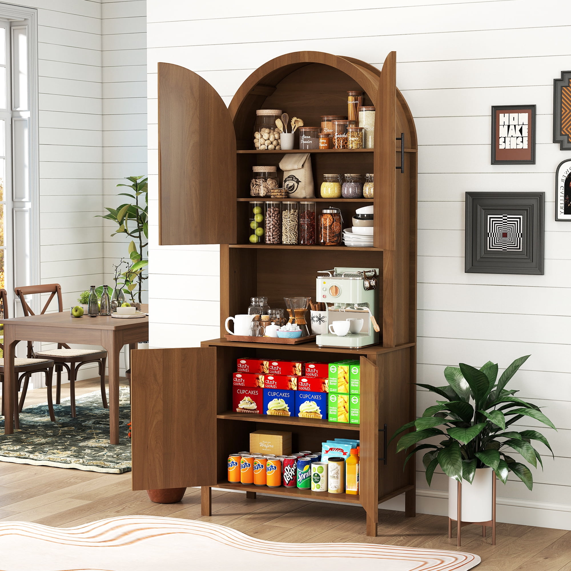 Oubayajia 75.8" Tall Arched Kitchen Pantry Storage Cabinets with Fluted Doors and Adjustable Shelves, Freestanding Cupboard for Kitchen, Dining Room and Living Room, Walnut