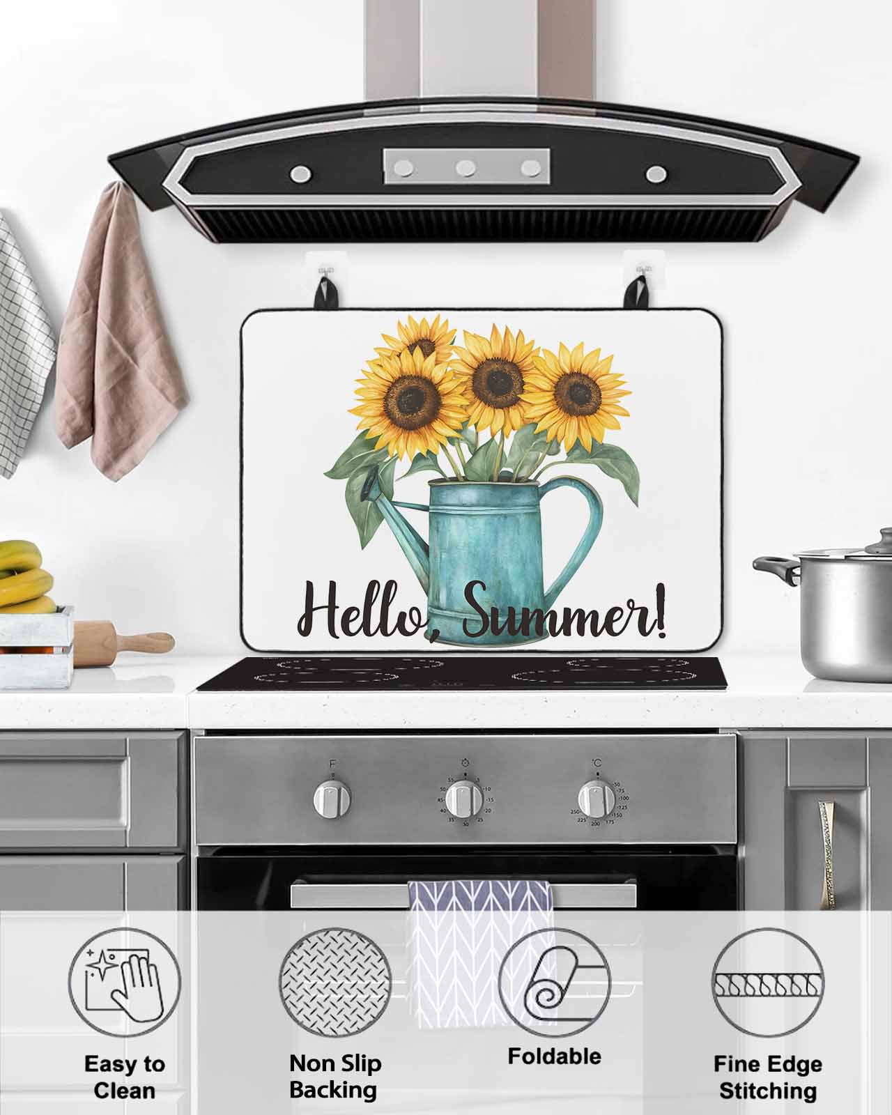 nqOlkjepod Large Induction Cooktop Protector Mat 24"x21", Sunflower Stove Top Covers for Electric Stove, Hello Summer Vintage Floral Plant Painting Stove Burner Cover Mats, Glass Top Stove Cover
