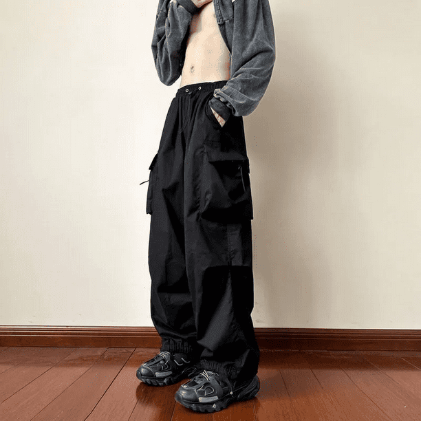 Pantalones de estilo americano para hombre, estilo urbano, de pierna recta, estilo cargo, holgados, con cordón y puños, para primavera y verano