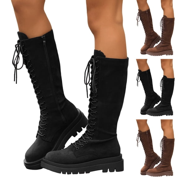 Pandaie Womens Suede Knee High Boots Lace up Platform Combat Riding Boots Side Zipper Lug Sole Motorcycle Winter Shoes Black 6.5