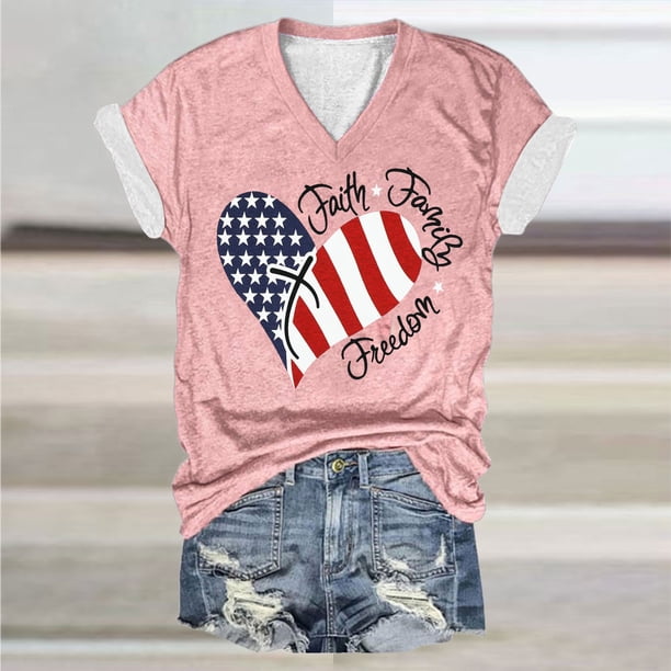 Fiudx Camisas de Mujer Top de Manga Corta con Cuello En V Estampado Del Día de La Independencia para Mujer Top/Camisa de Manga Corta con Cuello En V