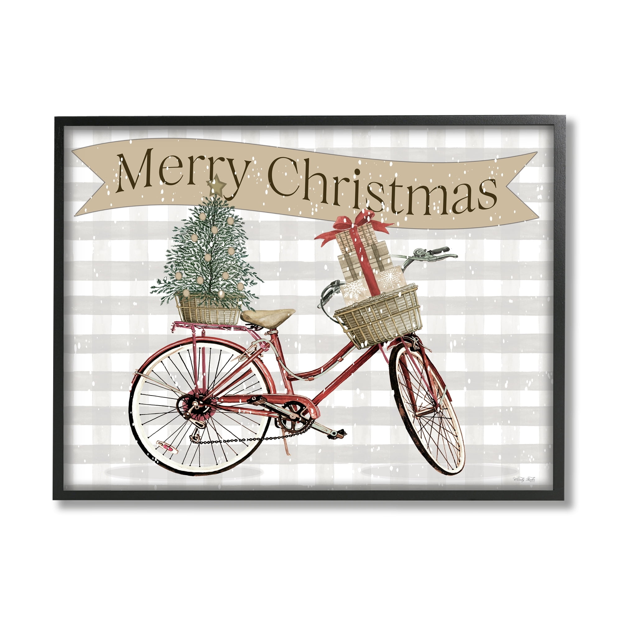 Christmas Banner Beige Gingham Bicycle Gift Basket Inspirational Graphic Art Framed Art Print Wall Art