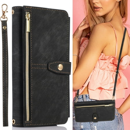 ELEHOLD Crossbody Wallet Case for Google Pixel 8, Zipper Purse Case Card Holder with Kickstand Detachable Wrist Strap Lanyard, PU leather Flip Folio Case,Black