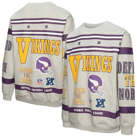 Men's Mitchell & Ness  Heather Gray Minnesota Vikings All Over Print Vintage Fleece Crewneck Sweatshirt