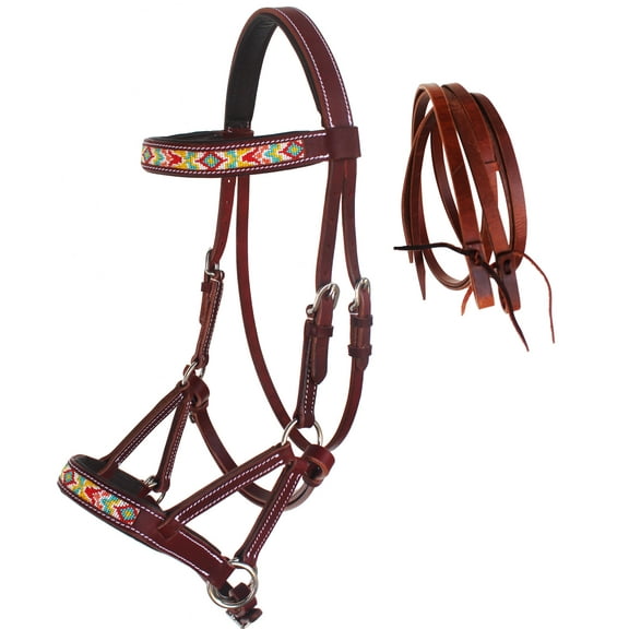 Horse Western Leather Beaded Bitless Sidepull Bridle Reins 77RS23MG-F