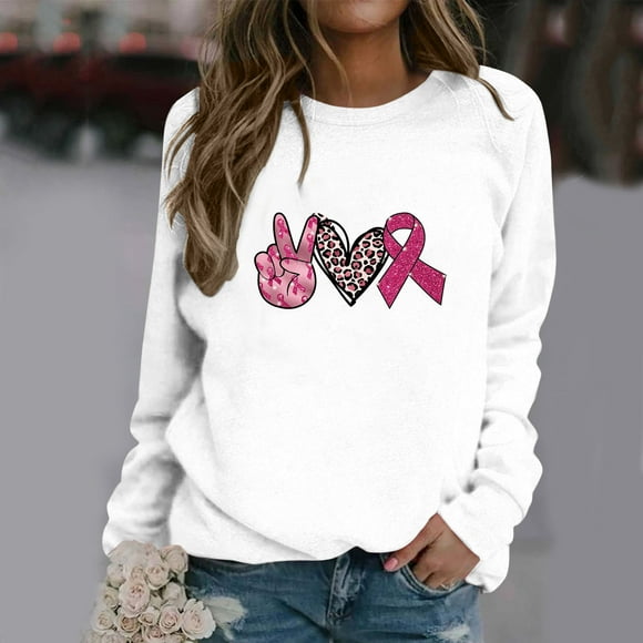 Fartey October Breast Cancer Survivor Sweatshirts for Women Funny Pink Ribbon Leopard Print Tunic Tops Fashion Fall Fleece Round Neck Long Sleeve Pullover,White,XL