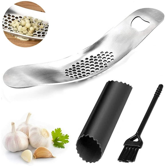 Presse-Ail Ensemble De Presse-Ail Manuel Presse-ail Manuelle d'acier Inoxydable de ménage avec fonction décapsuleur pour la cuisine avec éplucheur d'ail en silicone et brosse de nettoyage